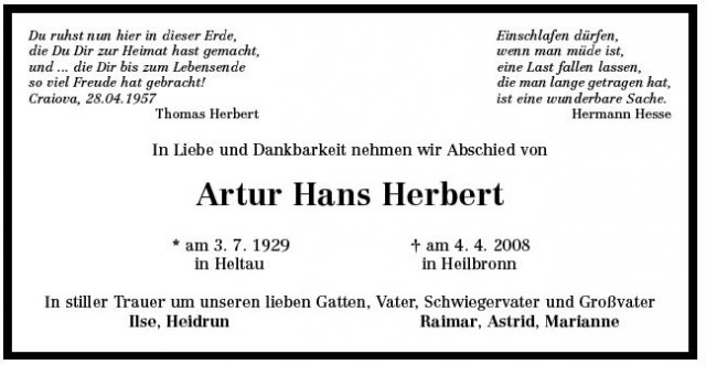 Herbert Artur Hans 1929-2008Todesanzeige